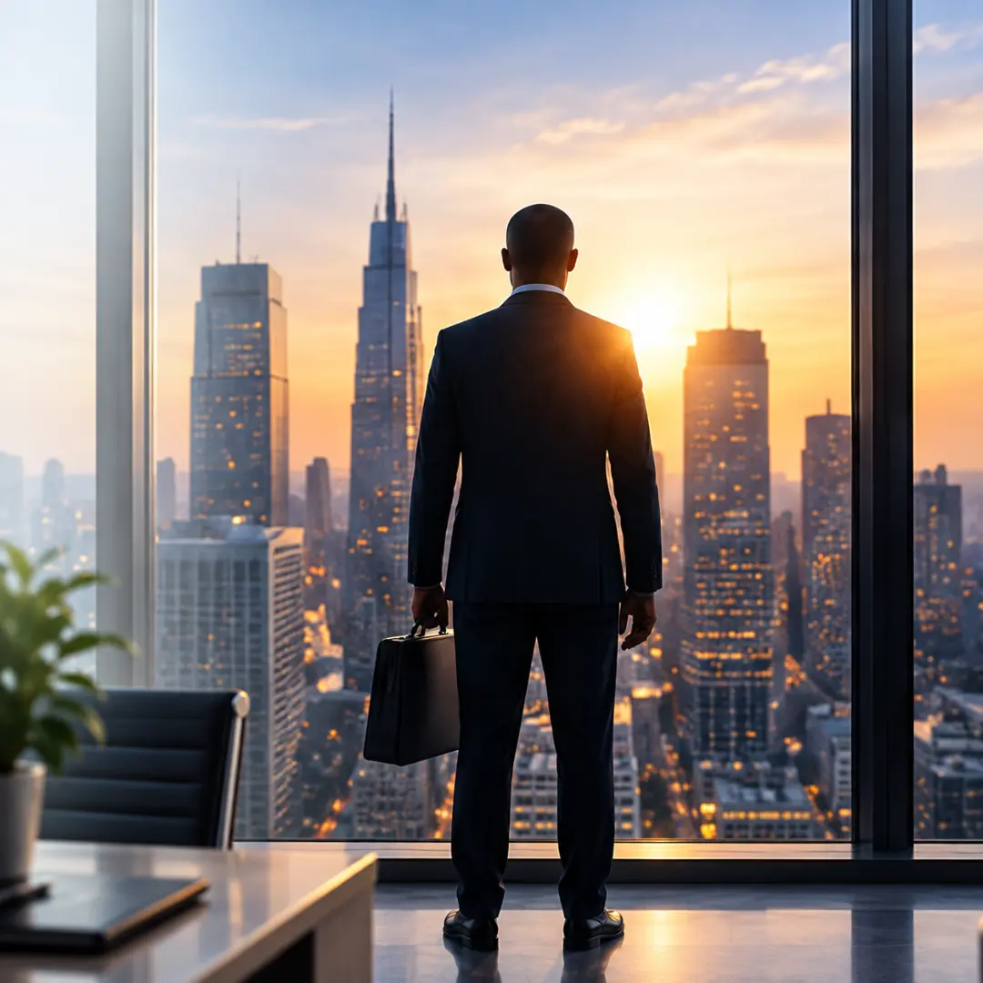 Professional looking toward a global city skyline and new career opportunities