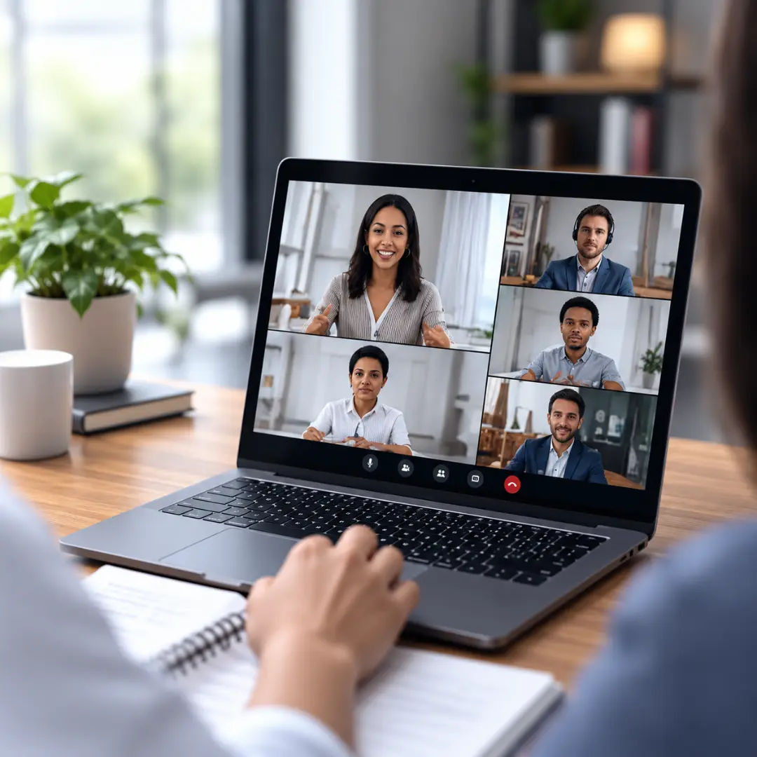 Professionals participating in an international online business meeting